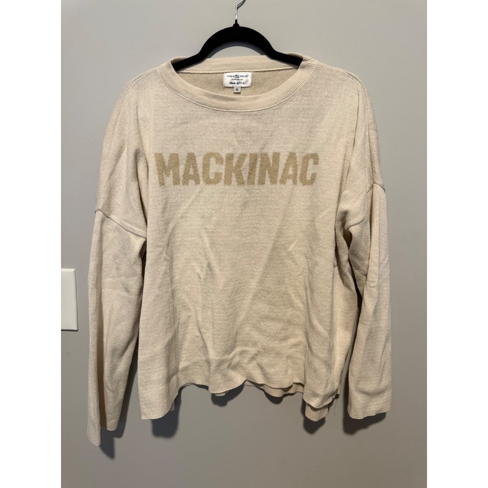 Town Pride Mackinac Island Knit Sweater Cream Tan Graphic Pullover Small USA